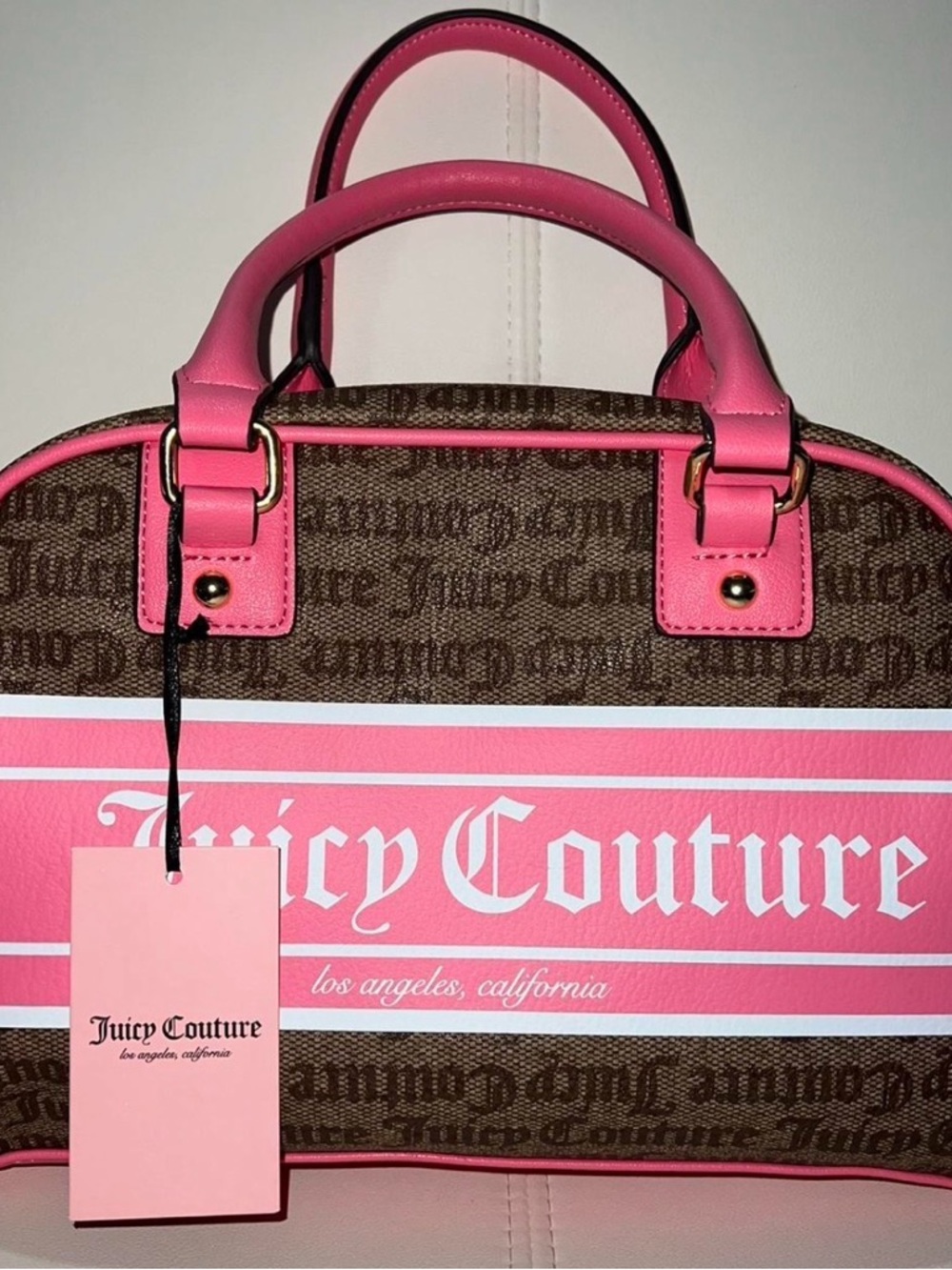 Juicy Couture Brown Monogram Satchel with Pink Trim
